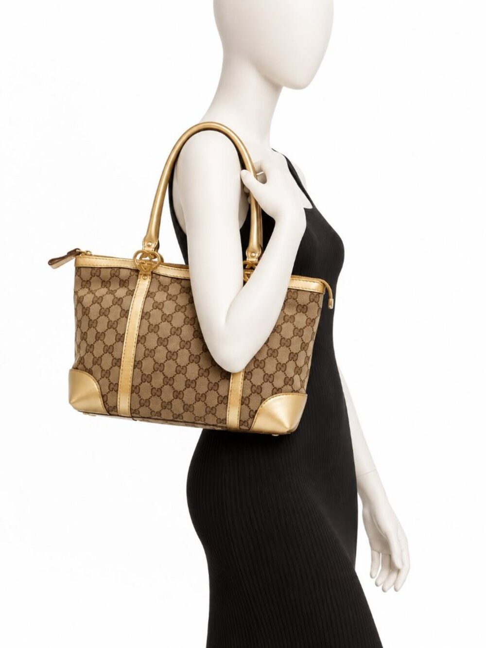 Authentic Gucci GG Canvas Gold Leather Trim Tote Shoulder Bag